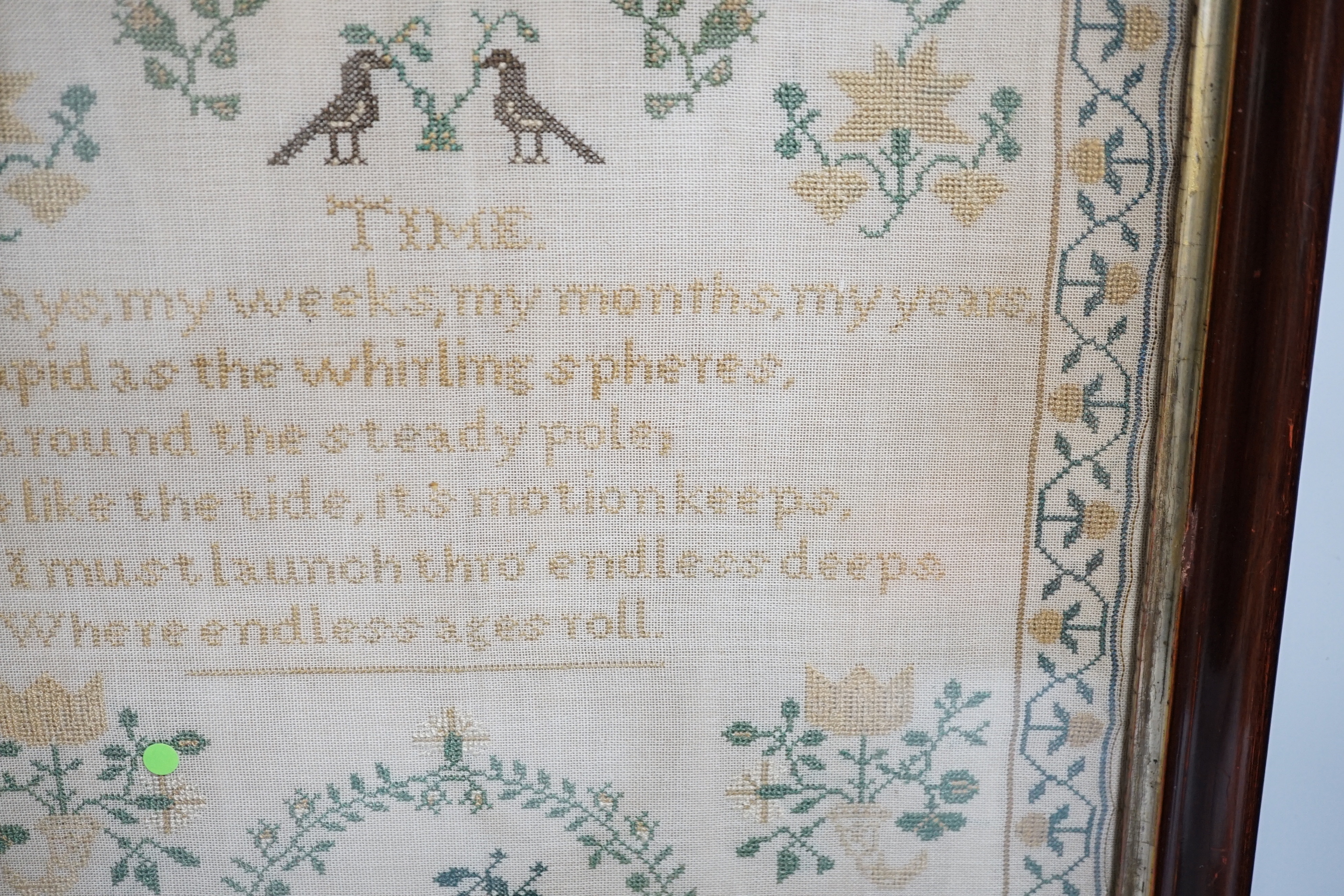 A fine cross stitch needlework sampler, by Sarah Graham, dated Oct 1842, in original frame, 36 x 30cms, and a later wool worked sampler ‘’Elizabeth Ann Stamsby’s Work Aged 10 Years 1865’’ (2)